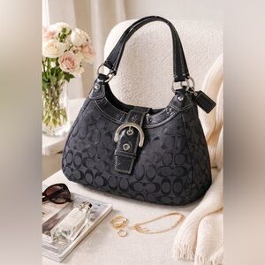 Coach Soho Signature Hobo Shoulder Bag F17094 Black Gray Canvas Leather